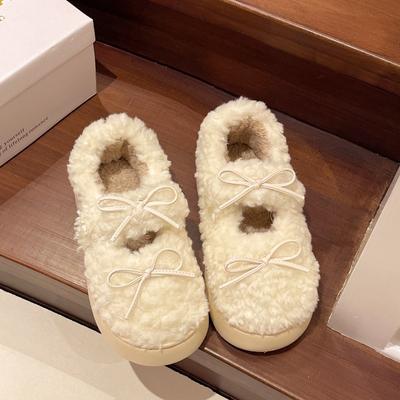 Mode Winter Nieuwe Platte Schoenen Damesmode Ronde Neus Suède Vlinderknoop Zachte Zool Antislip Dikke Zool Wollen Schoenen