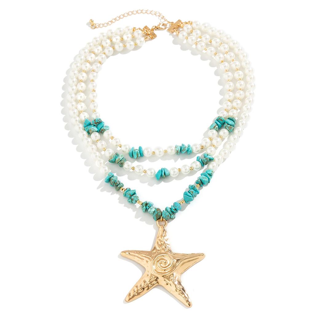 Wind Exaggerated Starfish Pendant Necklace Women'S Neck Chain Niche Stacking Wearing Imitation Pearl Ocean Wind Necklace