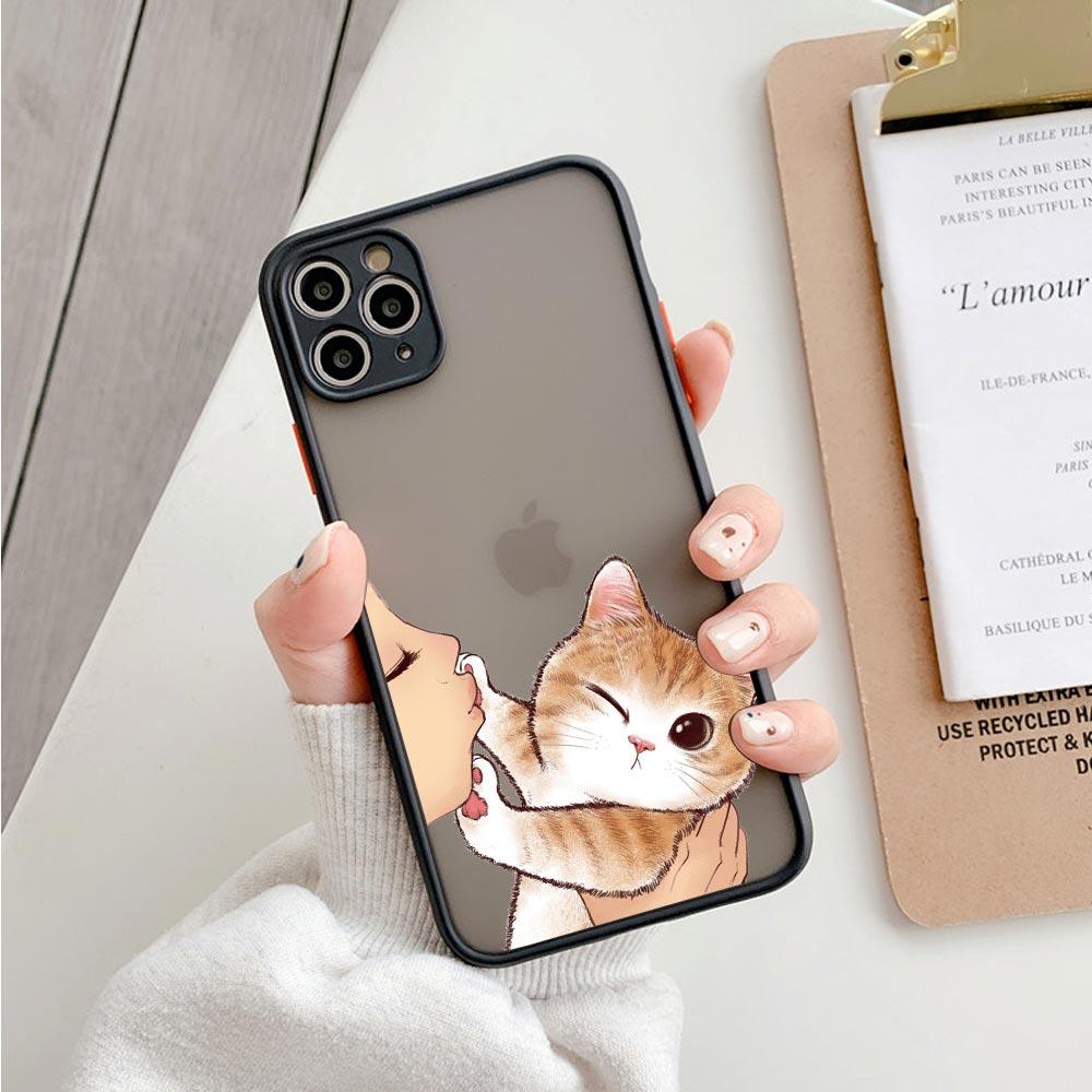 Cute Shockproof Translucent Matte Phone Case For Iphone 11 12 13 Pro Max Mini 7 Plus XR X S Cover Lovely Cat Kiss Refuse To Kiss
