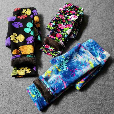 Fashion Printing Leggings Girls Autumn Winter Vintage Printing Plus Velvet Pants Children Trousers