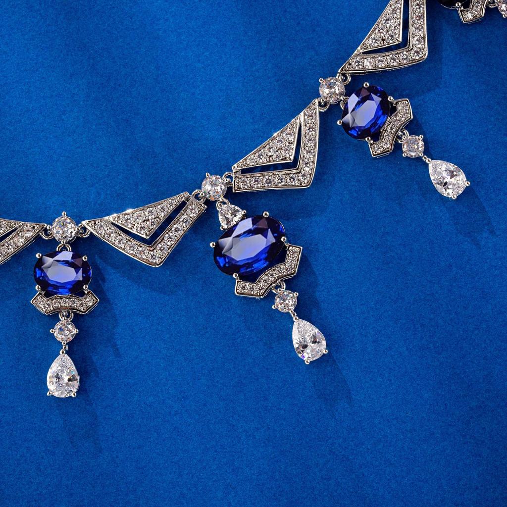 High-End Copper Earrings & Necklace with Main Stone - Popular in Europe & America, Two-Piece Set