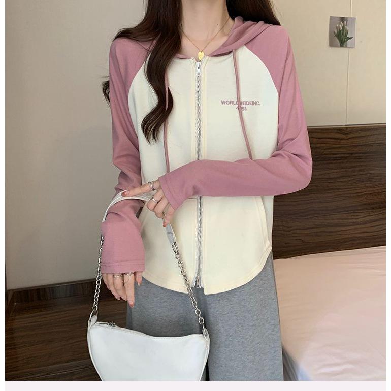 Women's Slim-Fit Raglan Double Zipper Hoodie, Spliced Design with Baby Fleece, Fleece-Lined for Autumn and Winter, Salt-Style Top.