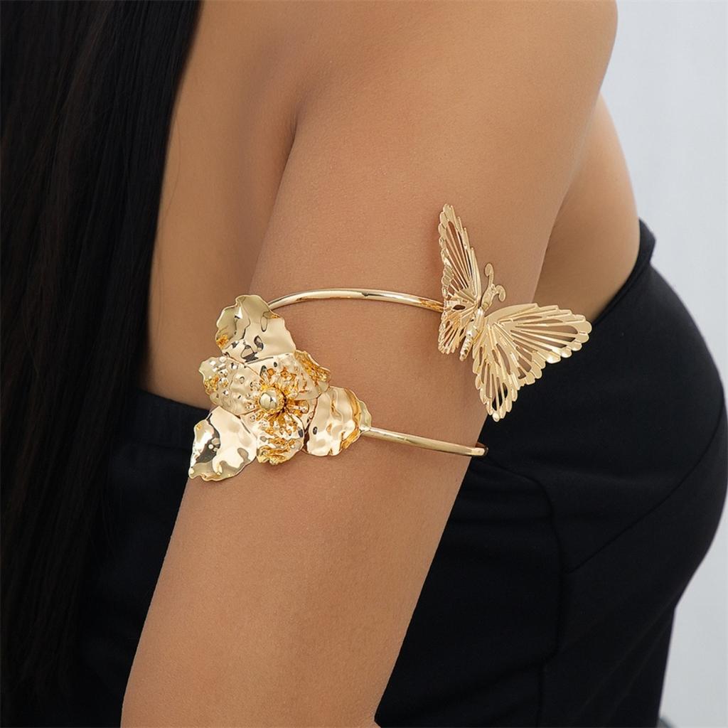 Overdreven Metalen Vlinder Bloem Arm Manchet Armbanden Voor Vrouwen Mannen Boheemse Textuur Bloemenblad Open Armband Armband Lichaam Sieraden