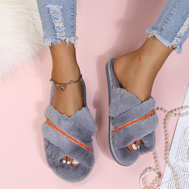 Fashion 2025  Shiny Crystal Decor Indoor Slippers Women Winter Warm Thicken Plush Cotton Slippers Woman Comfort Light Non Slip Slides