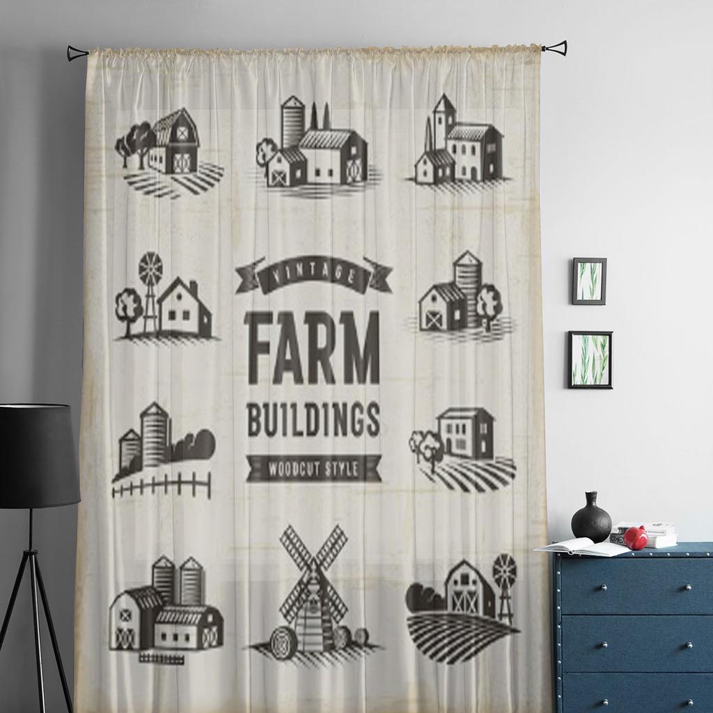 Vintage Farm Buildings Set Sheer Curtains for Living Room Transparent Tulle Window Curtain Bedroom Kitchen Decor Veil Drapes