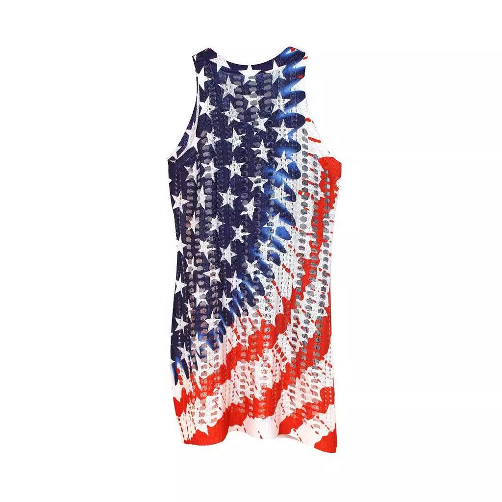 European and American Flag Pattern V-Neck Sleeveless Pullover for Spring/Summer Beach Vacation