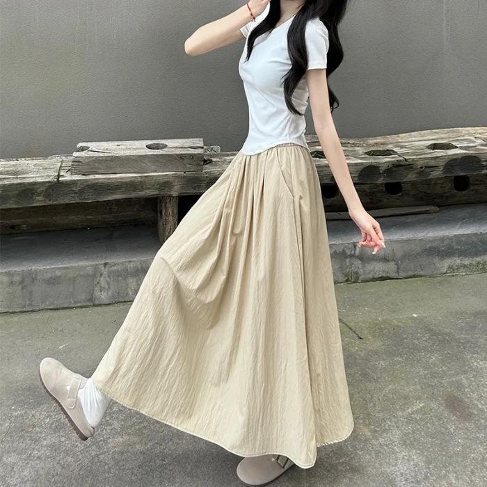Women's Spring/Fall Loose-Fit High-Waisted Skirt: Slimming, Pleated, Solid Color, Elastic Waist, A-Line, Mid-Length