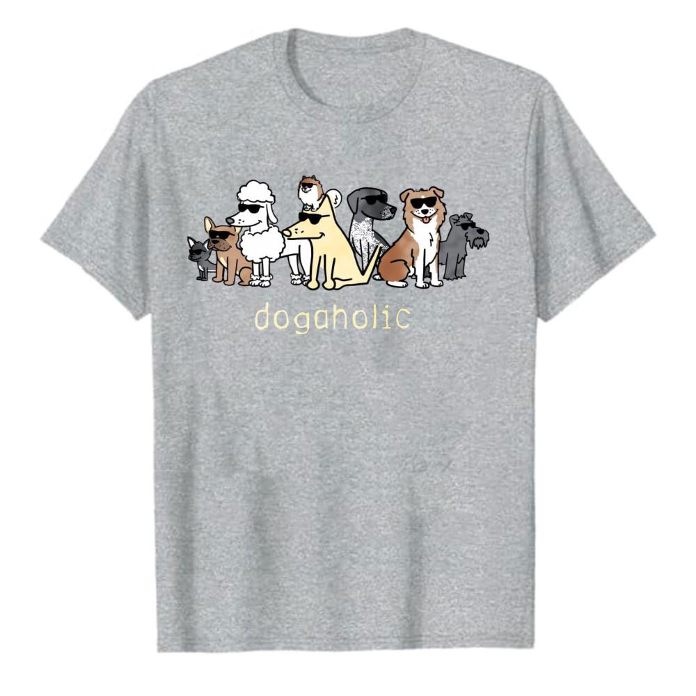 Unisex Dogaholic Cool Sunglasses Multi Breed Cartoon Dogs Horizontal Row Graphic Tshirt Crew Neck Short Sleeve Casual Tee Gift