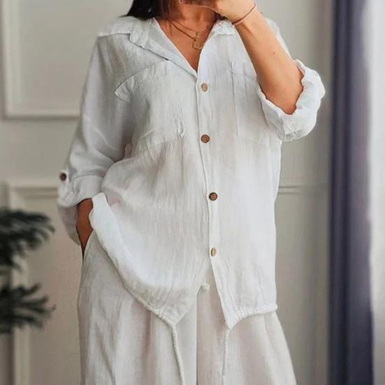 Dámský bavlněno-lněný dvoudílný outfit, ležérní, s dlouhým rukávem, na knoflíky, se stahovací šňůrkou