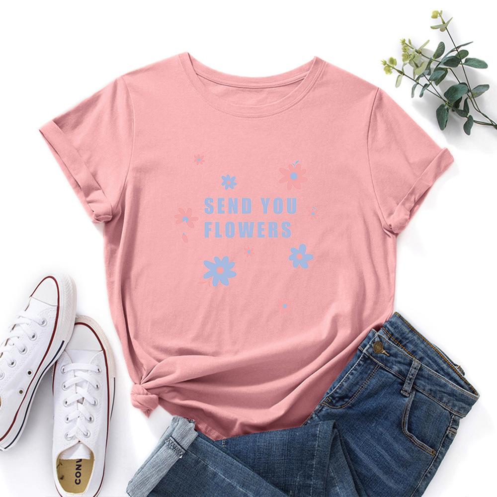 

Send You Flowers Cotton T-Shirt Short Sleeve Round Neck Women 2d Print Tops 3XL