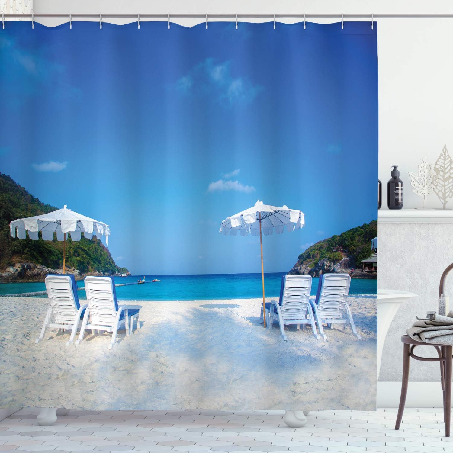 

Beach Scene Shower Curtain With Hooks – Sandy Beach, Blue Ocean & Lounge Chairs, Tropical Seaside Bathroom Decor W60H190(CM)-1 Pcs