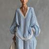 2026 Women's Blue & White Striped Lace Trim Two-Piece Set: Casual Long-Sleeved Top & Wide-Leg Pants