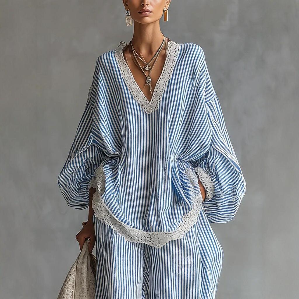 2026 Women's Blue & White Striped Lace Trim Two-Piece Set: Casual Long-Sleeved Top & Wide-Leg Pants