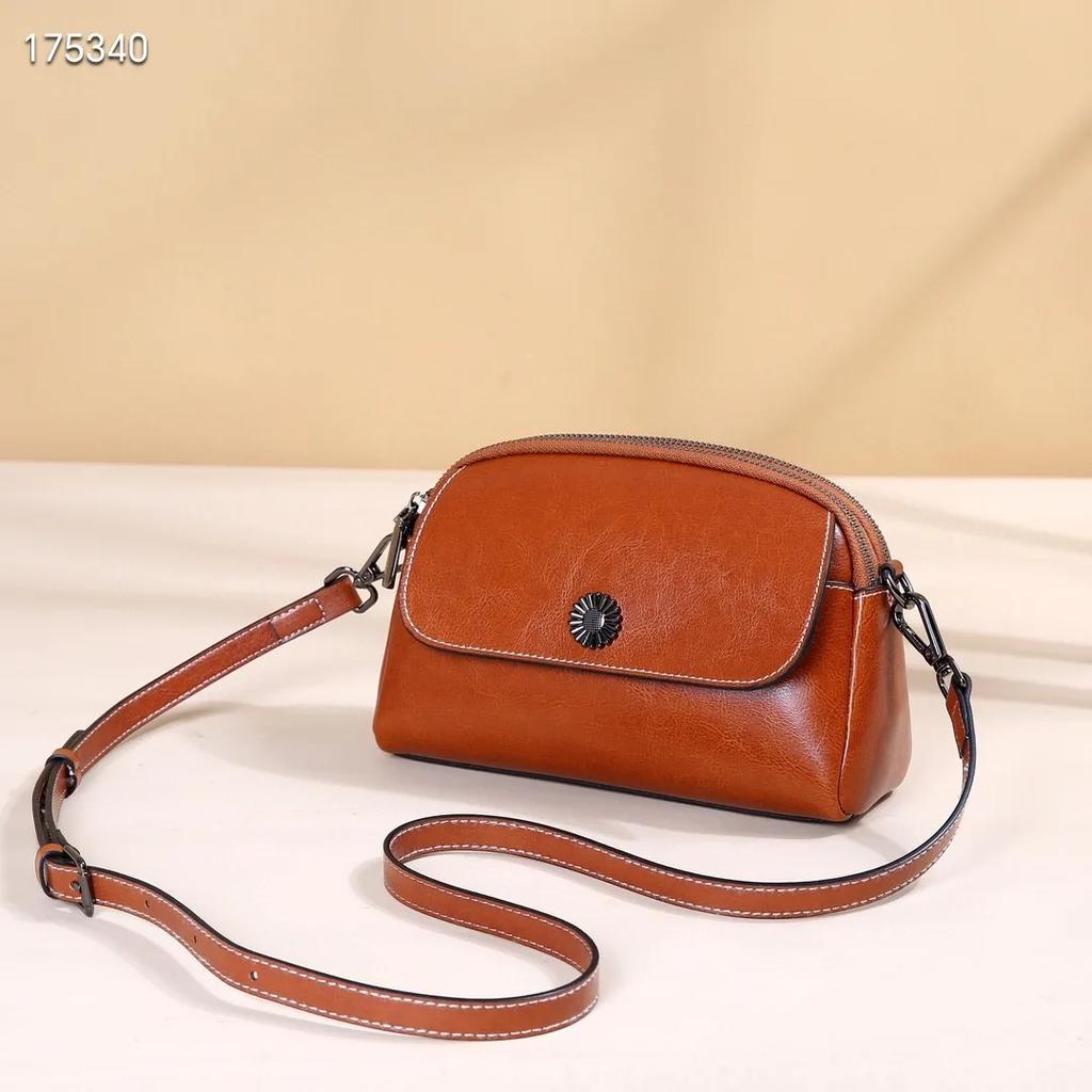 Oil Wax Cowhide Leather Women's Small Bag, Crossbody Shoulder Shell Bag, Practical Multi Pocket, Simple Coin Purse, Phe Bag