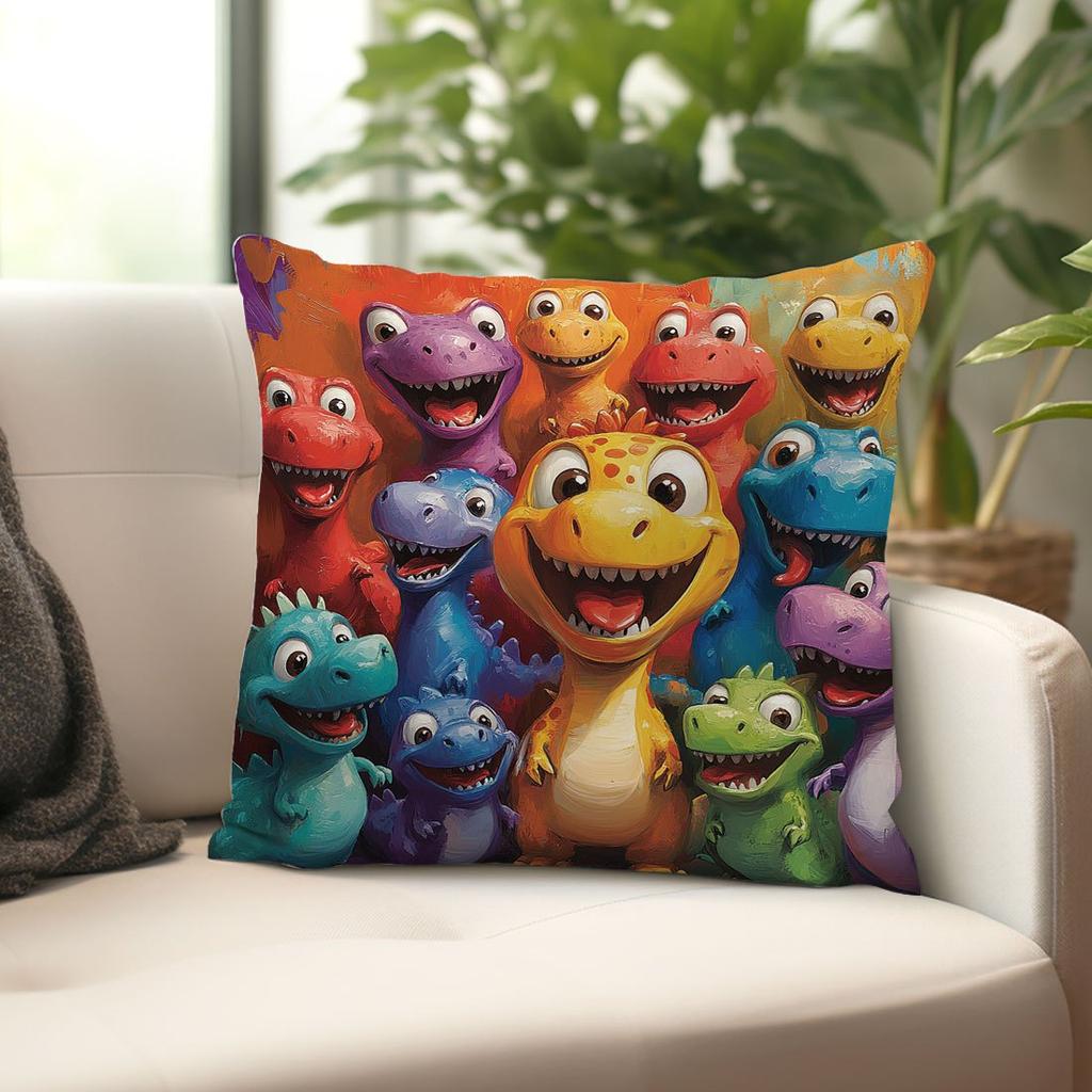 1 pièce Housse de coussin décorative imprimée sur le thème de la famille de dinosaures colorés de dessin animé, Convient pour canapé, chambre à coucher, salon, un cadeau amusant pour les enfants