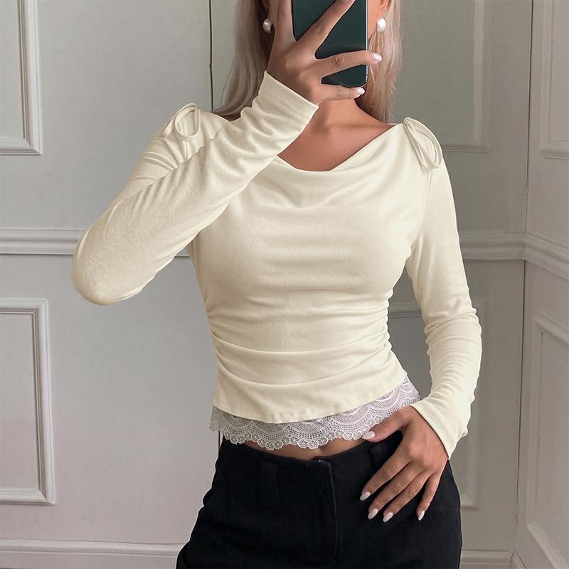 New Soft-colored Plain-neck Drawstring Lace Long-sleeved Top