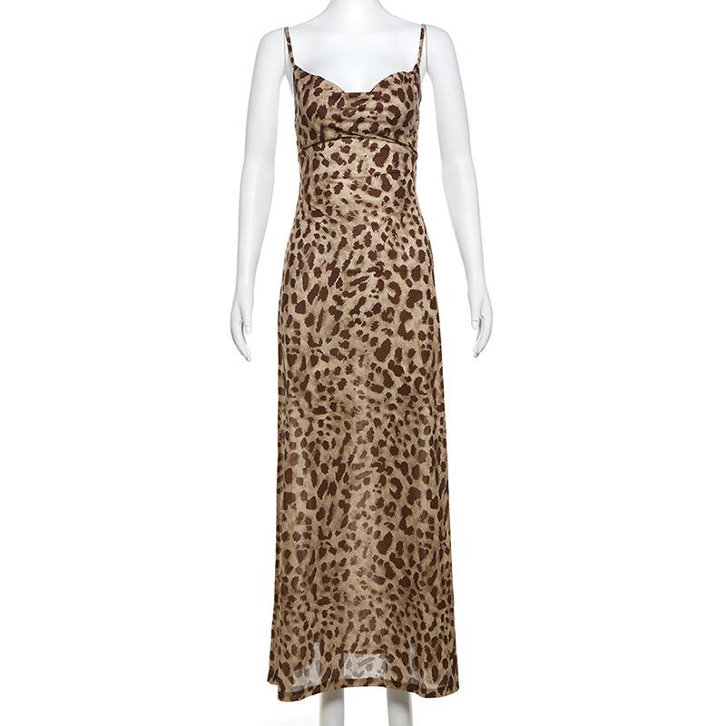 Leopard Print Sling Maxi Dress For Women Summer Elegant Backless Sleeveless Slip Long Dress Female Sexy Party Vestidos