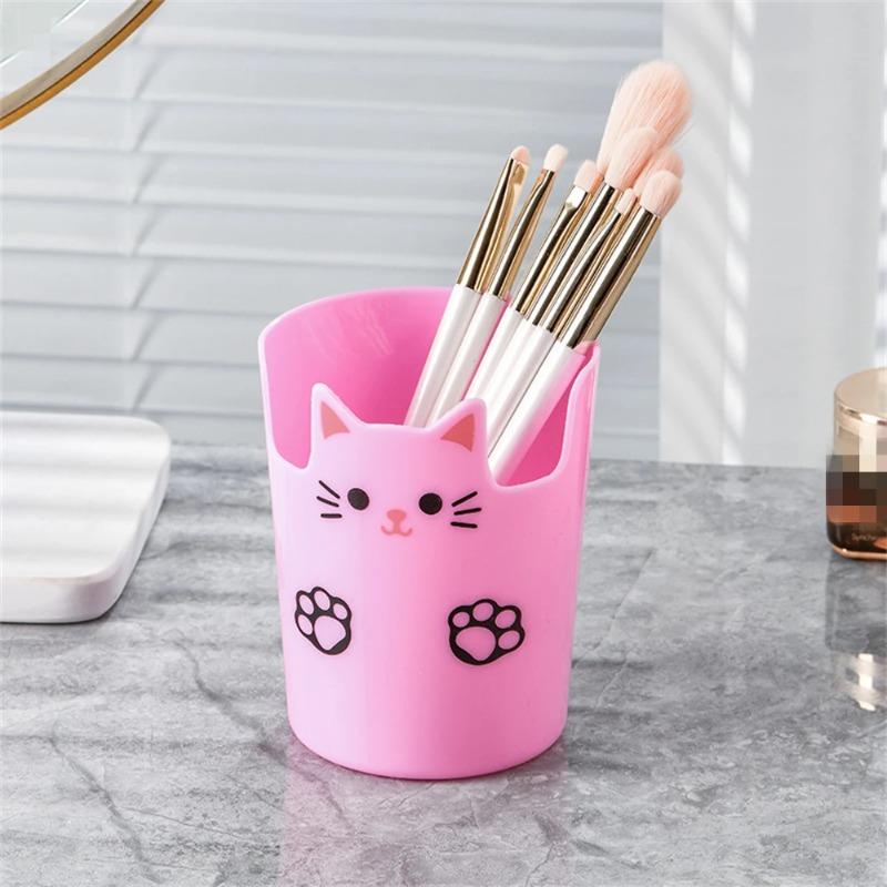Cartoon Cat Multifunctional Storage Tube Desktop Pen Holder Student Stationery Storage Phone Holder Cosmetic Storage розовый
