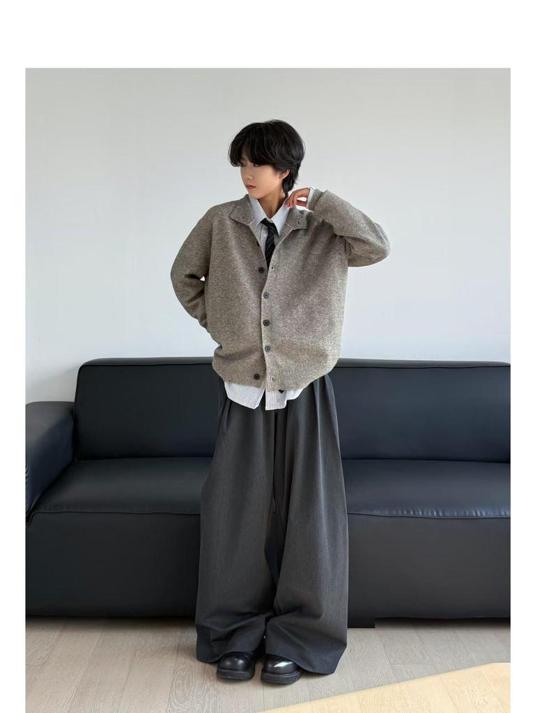 Pánský japonský retro pletený kardigan se stojáčkem – Jednoduchý, univerzální, ležérní svetr v jednobarevném provedení