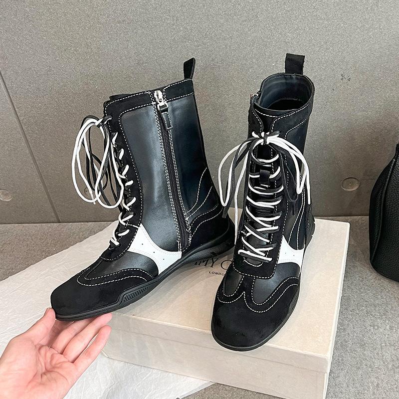 Cowhide version~ thick-soled heightening retro boxing boots women's 2025 new lace-up versatile Martin boots niche German training boots