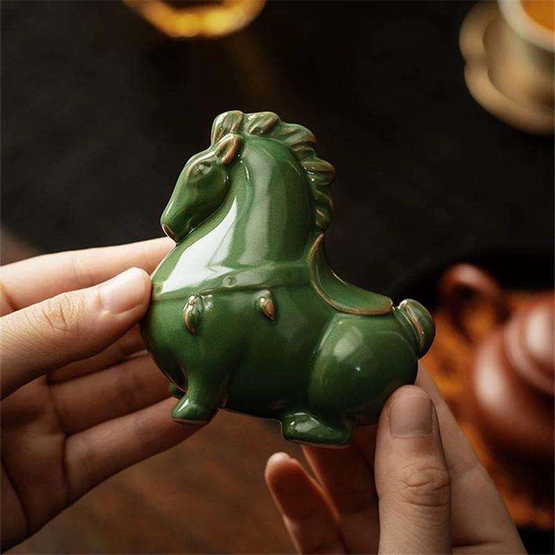Cute Ru Kiln Ceramic Green Horse Tea Pet Tea Ornaments Chinese Tea Accessories Handcrafted Tang Horse Figurine Ceramic TeaPet