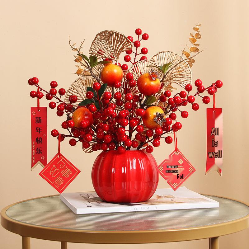 Luxurious Chinese-Style Pomegranate Fruit Arrangement: Faux Red Berries & Flowers for Living Room or Restaurant Decor