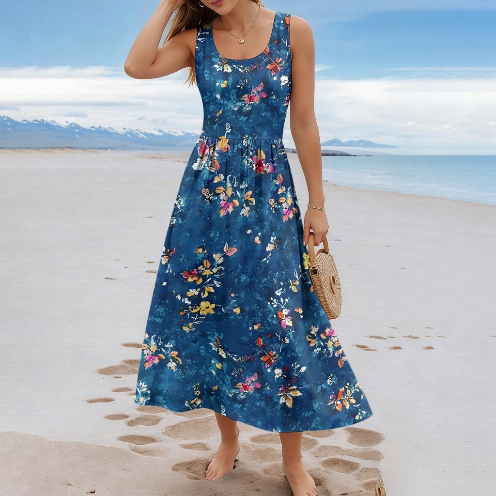 Ladies' Floral Summer Casual and Fashionable Sleeveless Long Dress