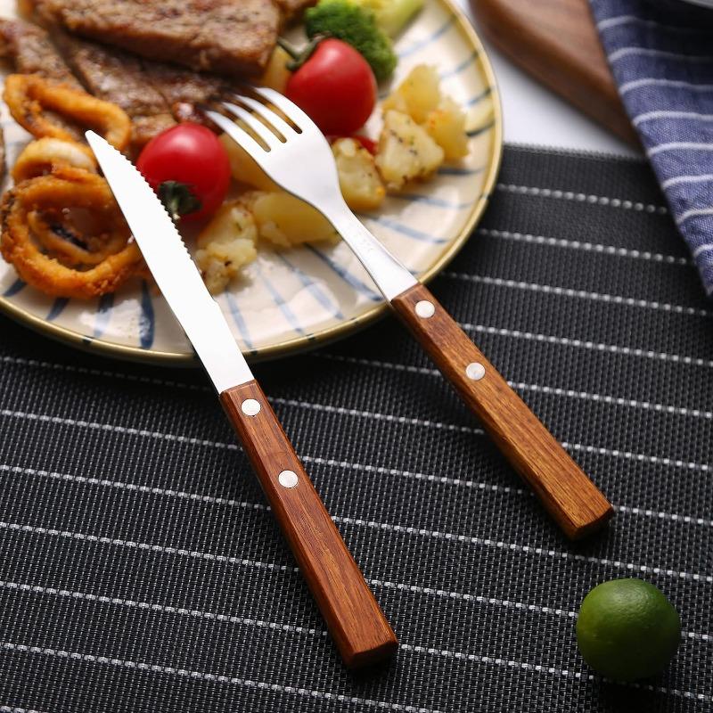 4-Piece Wood Flatware Set Premium 18/8 (304) Stainless Steel Cutlery Set Wooden Dinner Knife Dinner Fork DinnerSpoon Set