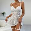 2 pezzi/set da donna, camicia da notte, mutandine, scollo a V, senza maniche, fiocco in rete, anello alla coscia, ricamo floreale, plissettato, perizoma, set da notte