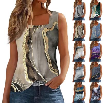 Women's Tank Top Casual Print Sleeveless Fashion Square Collar Blouse Fit Summer