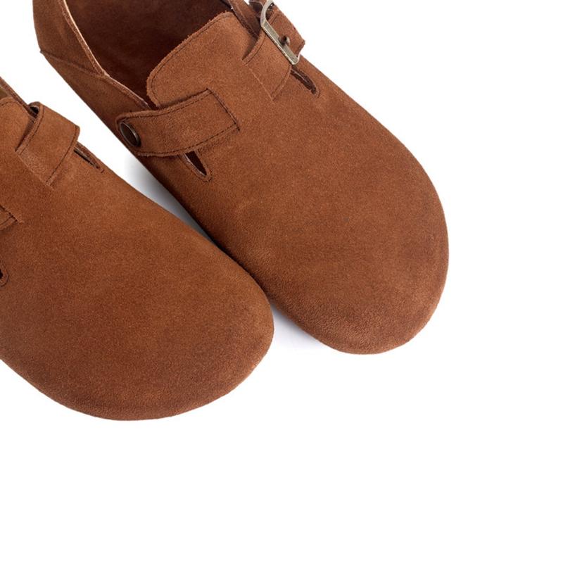 Fashion Women's new genuine leather cow suede round toe with a raised metal belt buckle inside the heel, retro casual single shoe