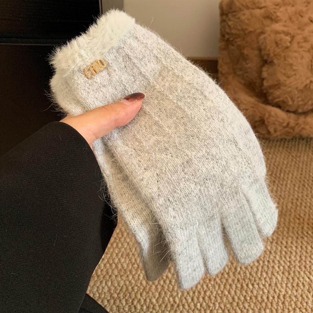 Soft Waxy Rabbit Fur Gray Knitted Wool Five Finger Thickened Warm Gloves for Women's Winter Cycling Cold and Windproof Furry
