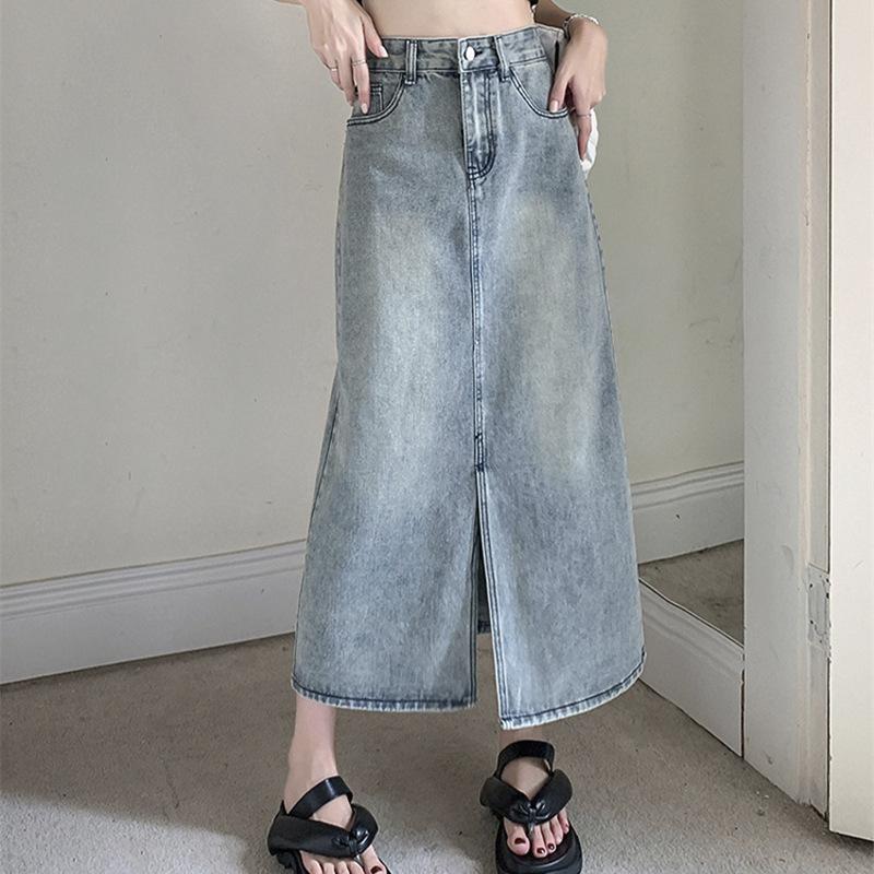 

Ретро джинсовая юбка с разрезом для женщин на осень новая средней длины с высокой посадкой облегающая эластичная талия А-силуэт 3XL синий