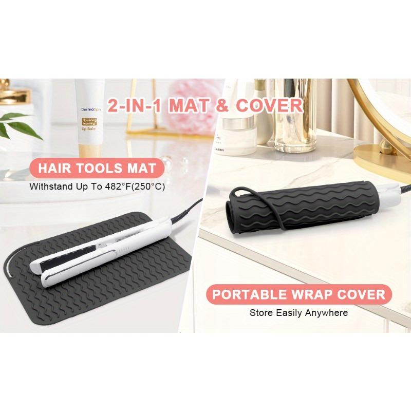 Tapis de voyage 2-en-1 en silicone résistant à la chaleur et sac de rangement protecteur antidérapant pour fers à boucler, pinces plates - Organisateur portable d'outils de coiffure