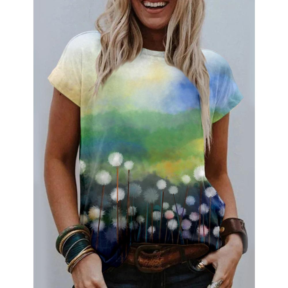 Fresh Floral 3D Digital Printed Women's Fashionable Casual Round Neck Short Sleeved T-shirt