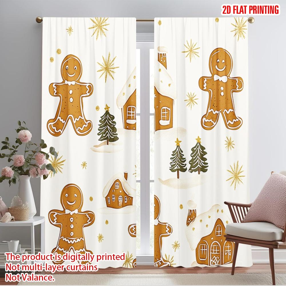 

2pcs,2D plane printing Curtain Popular Gingerbread Christmas Village Snowflakes (2) Polyester (without rod) Home Decor for 52.50×116.00 CM 2pcs