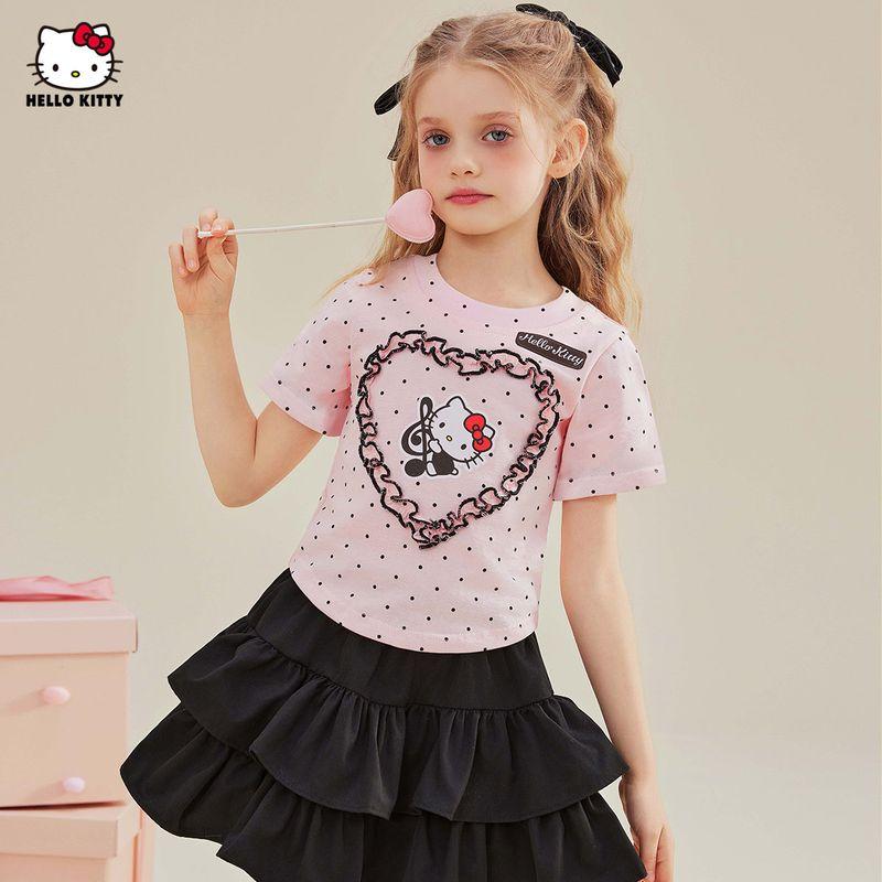 Hello Kitty Girls' Short-Sleeved T-Shirt Summer 2025 New Heart-Shaped Cute Cartoon Half-Sleeved Kidsren's Summer Top