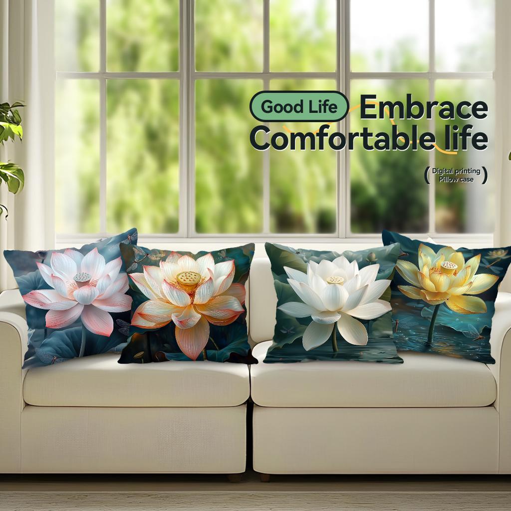 Tranquil Lotus Cushion Pillowcase Printed Polyester 45X45Cm Throw Pillowcover Decorative Sofa Cushion Pillowslip Home Decor