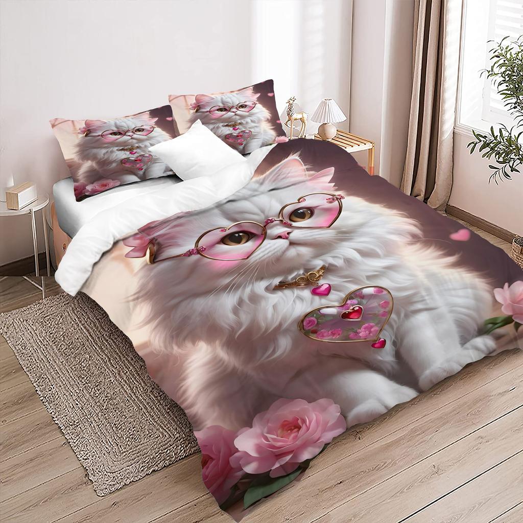 Cute Flower Cat Pattern 3D Printed Bedding Set Cute Pet Theme Fashion Art Style Duvet Cover Soft Comfortable Luxury Quilt Cover