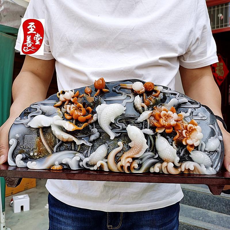 

Антикварная имитация нефрита, резьба по шоушаньскому камню: Черный, Синий, Белый Дисплейный Орнамент Ляньнянь Юйюй для Гостиной.