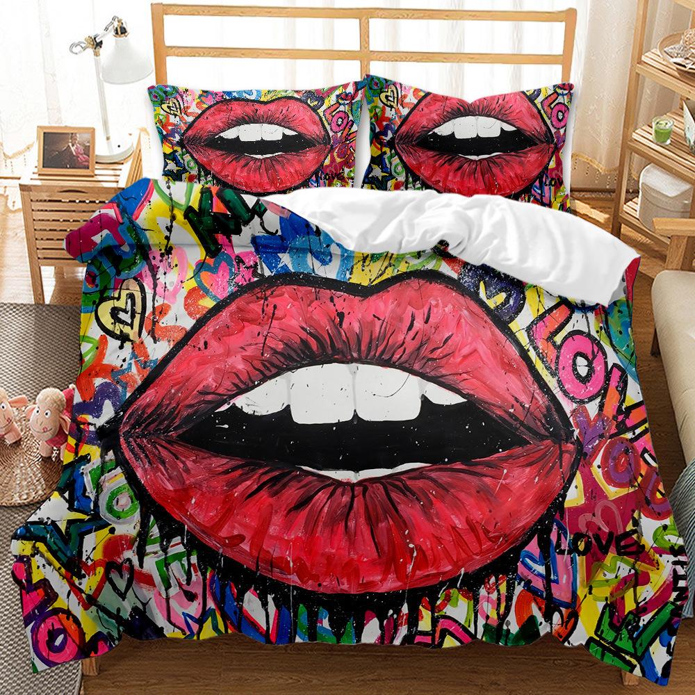 Sexy Lips Three-Piece 3D Digital Printing Ground Red Quilt Cover Bedding Kit