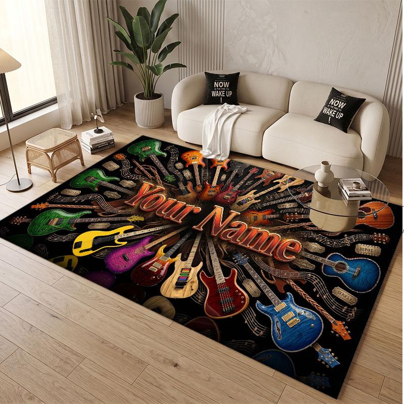 Music Guitar Theme Soft Crystal Velvet Rug Custom Name & Text Print Non Slip Floor Rug for Bedroom Living Room