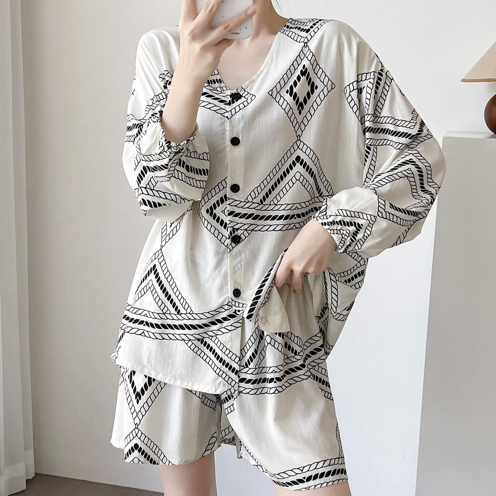 Slack Cotton and Silk Pajamas Women's Summer Cardigan Loungewear Set Can Be Worn Outside Loose Long-sleeved Shorts Sunscreen Two-piece Set