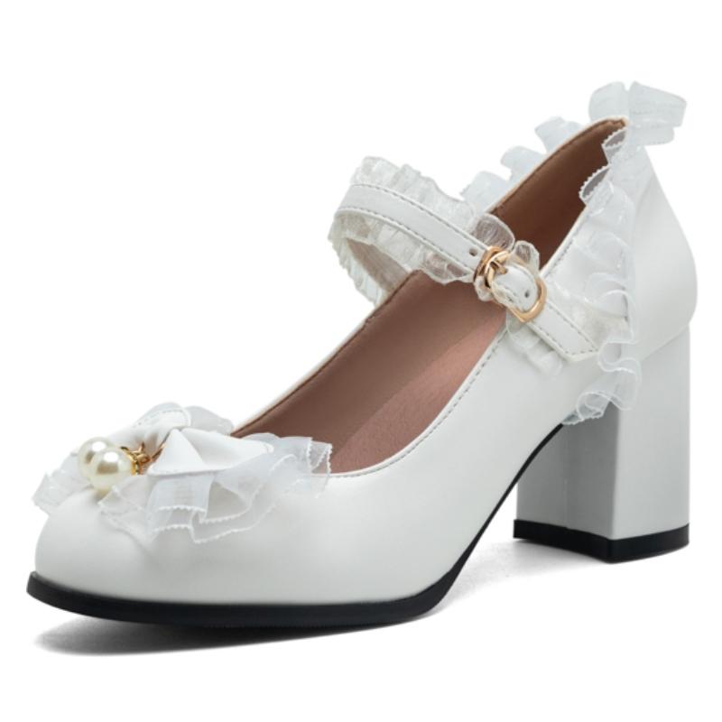 Women's Block Heels Mary Janes Lolitas Shoes 2025 Sweet Pink Black White Heeled Party Wedding Dance Shoes Female Large Size 45