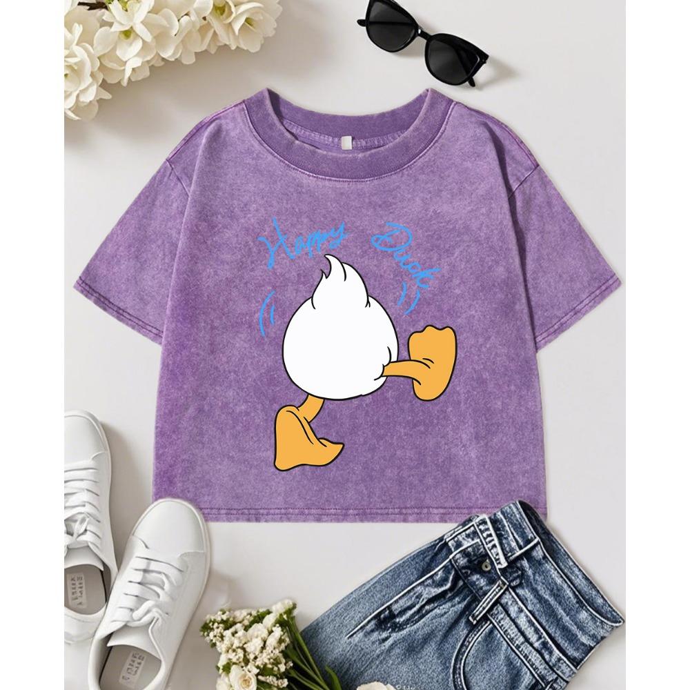 Happy Duck Cartoon Printing Washed Tee Shirts Women Fashion Cotton Tops O-Neck T Shirt Summer Sports Snow Wash T-Shirt