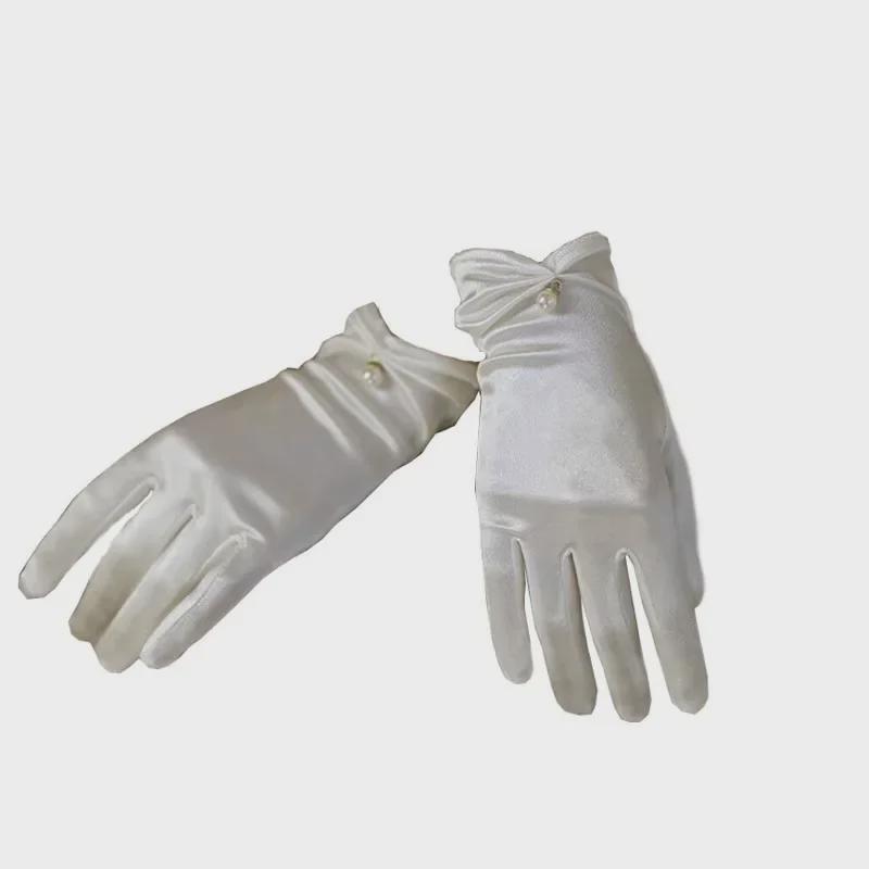 New Hepburn-Style Pearl Satin Bridal Gloves: Elegant White Princess Accessory for Photos
