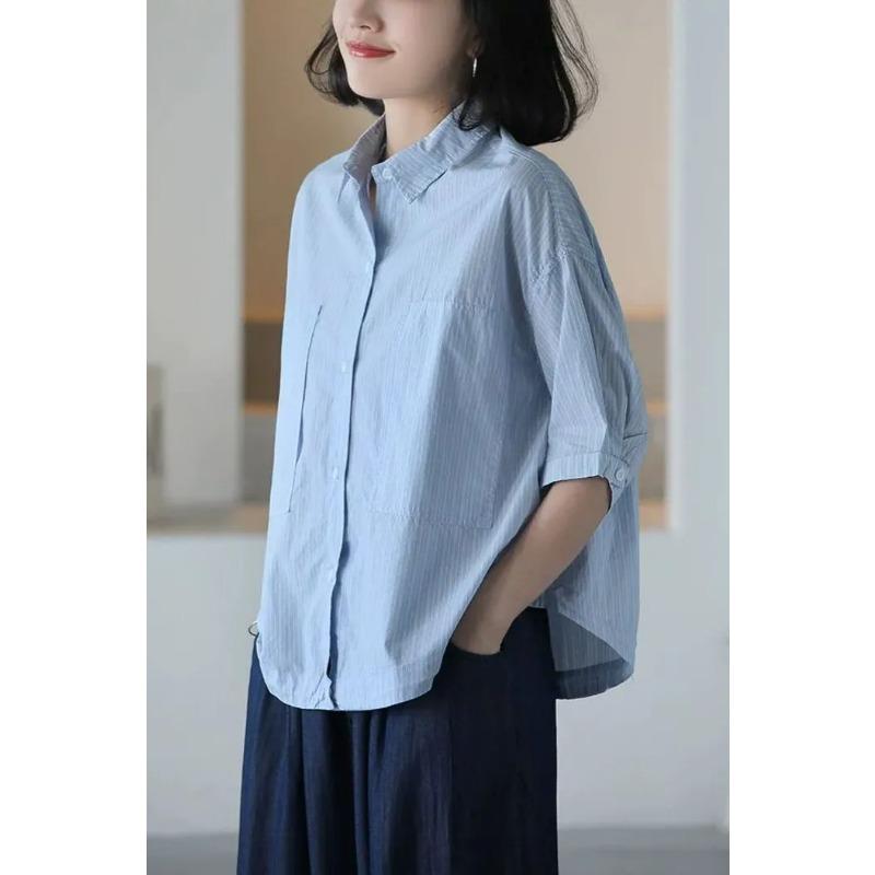 

Women s Striped Linen Cotton 3/4 Sleeve Loose Casual Shirt M синий