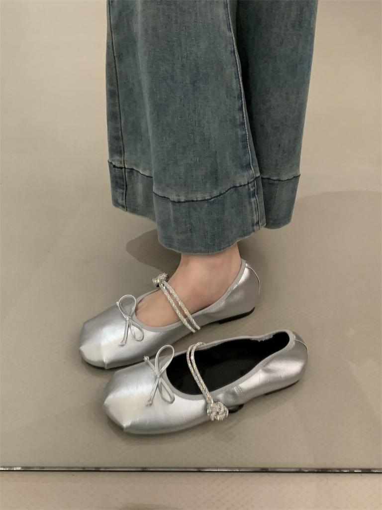 Fashion IPPEUM Silver Mary Janes For Women 2025 New Fashion Round Toe Ballet Flats Shoes Ballerina