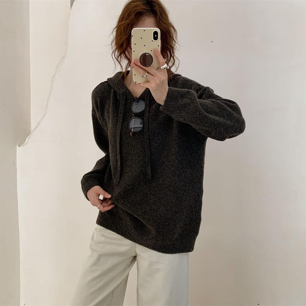 Casual hooded knitted sweater women's autumn and winter new loose lazy style outer wear retro pullover bottoming shirt