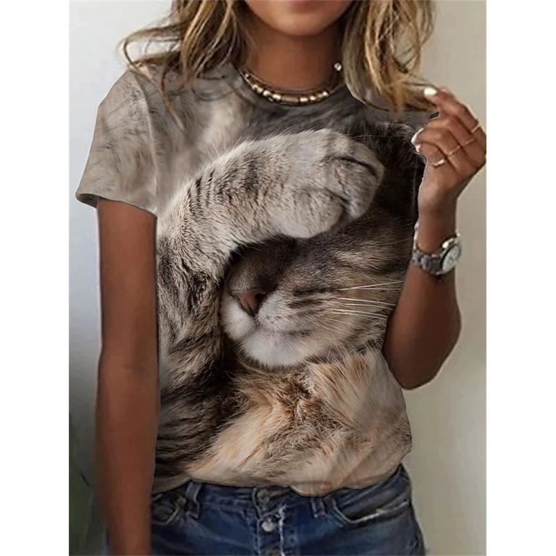 Sommer Rundhals 3D Katzenprint Top Modische Lässige Kurzarm Damen T-Shirts